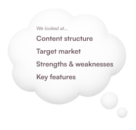 We looked at: content structure, target market, strengths & weaknesses, key features