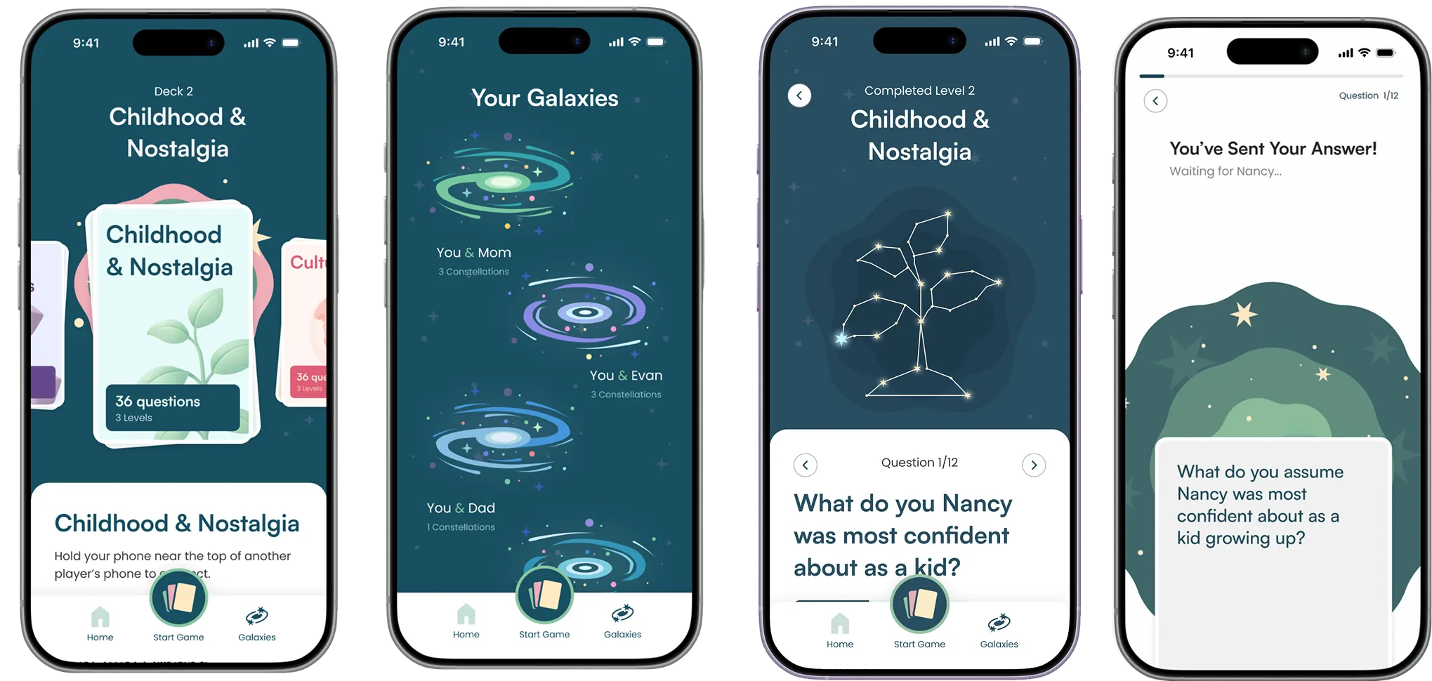 Four Interstar mobile screens showing deck selection, galaxy history, constellation progress, and an answer confirmation state