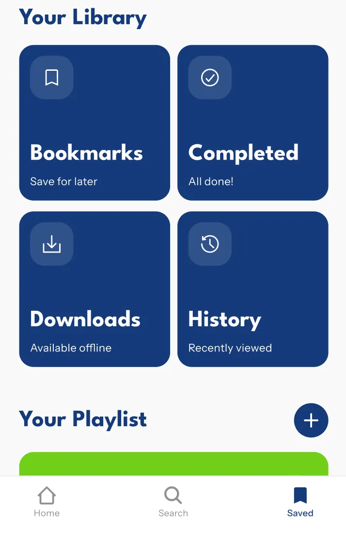 Previous library screen with bookmarks, completed, downloads, and history
